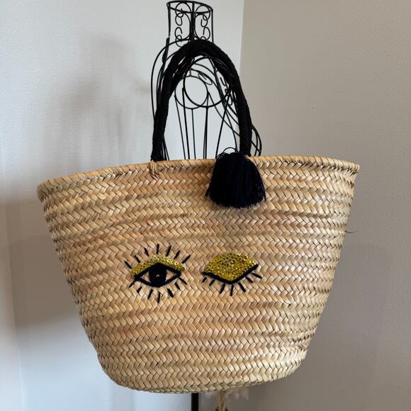 FRENCH Market Straw Basket Evil Eye Pom Pom Woven Straps Beach Bag